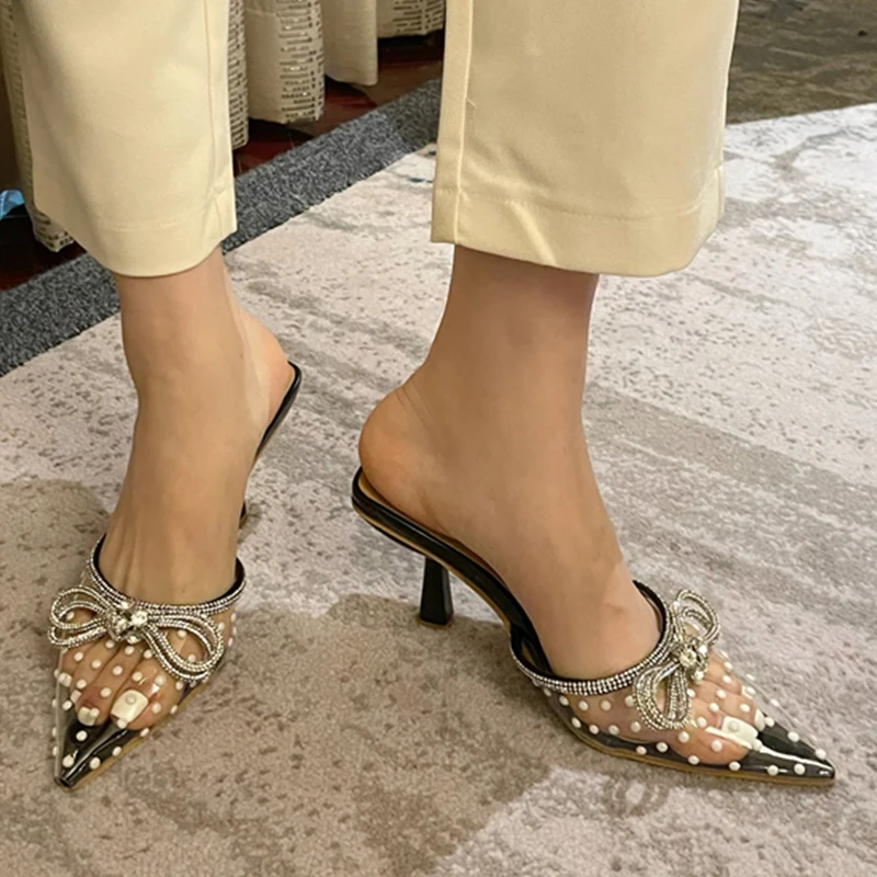 

2022 New Slippers Woman Pumps Ladies High Heels Sexy Slides Sandals Female Shoes Fashion Pointed Toe Butterfly-knot Mules