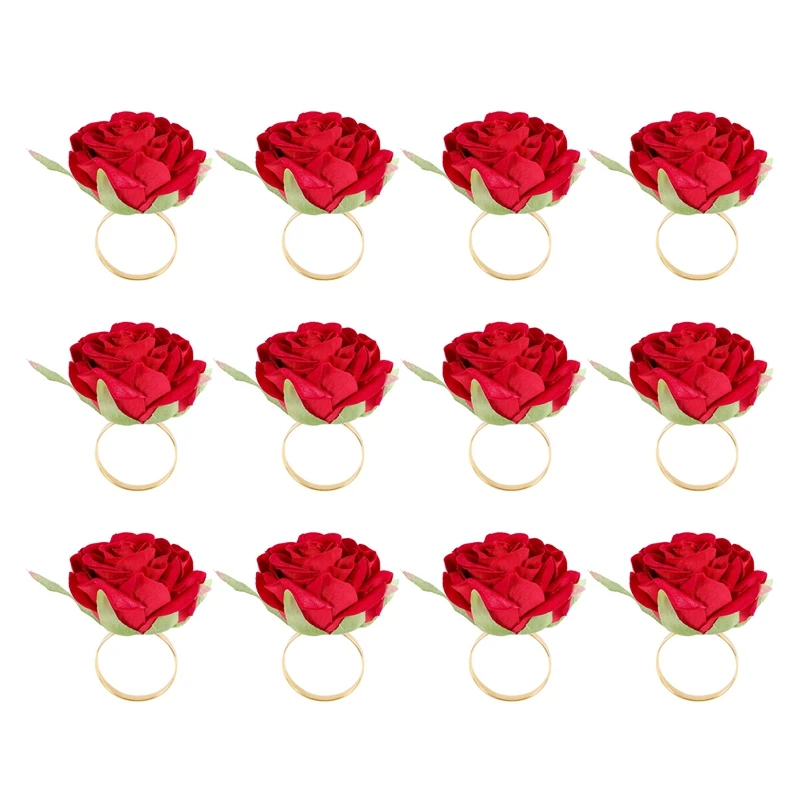 

12 PCS Red Rose Shape Towel Buckle Napkin Ring Wedding Party Valentine's Day Hotel Table Decor Metal Gold Napkin Holder