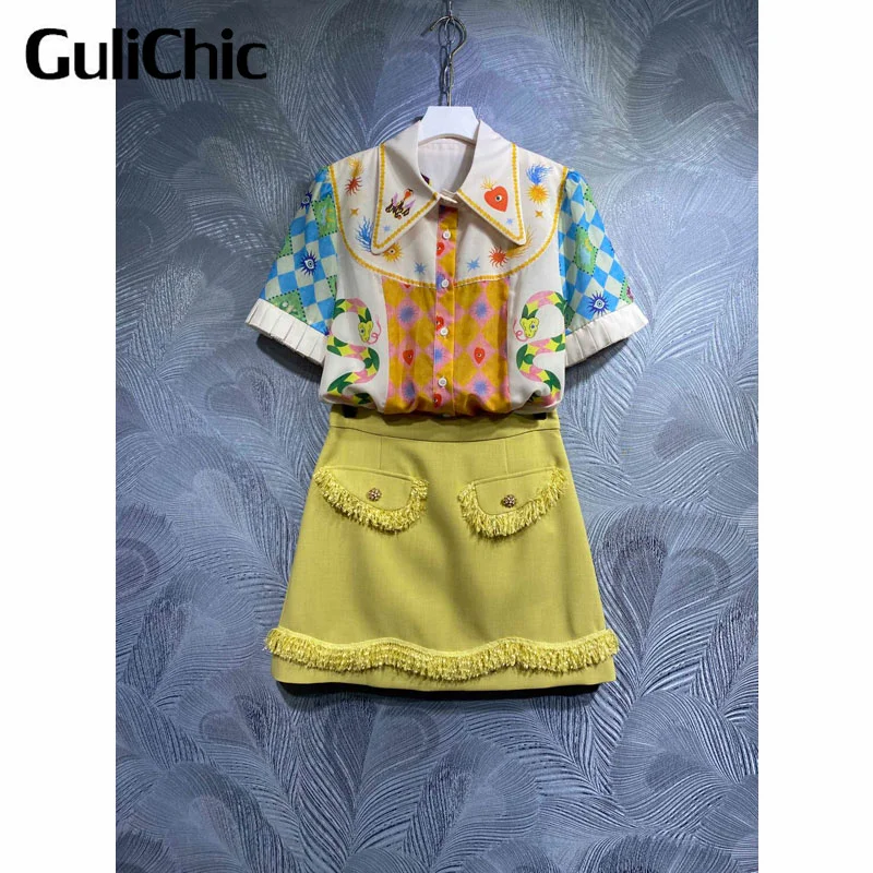 

4.4 GuliChic Women Print Turn-Down Collar Short Sleeve Pleated Patchwork Shirt Or High Waist Tassel Decorate Slim Mini Skirt Set