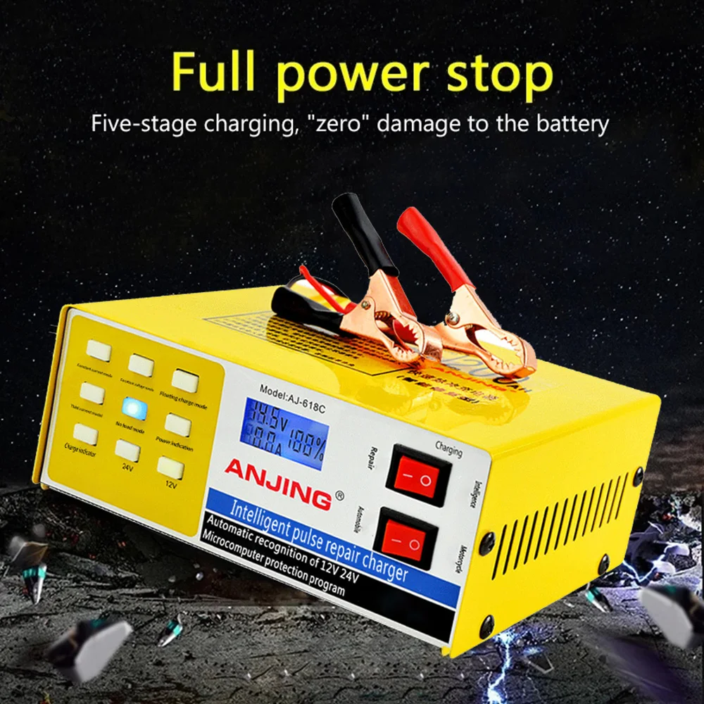 12V24V Full Automatic Car Battery Chargers 130W Power Intelligent Pulse Repair Chargers Wet Dry Lead Acid Digital LCD Display