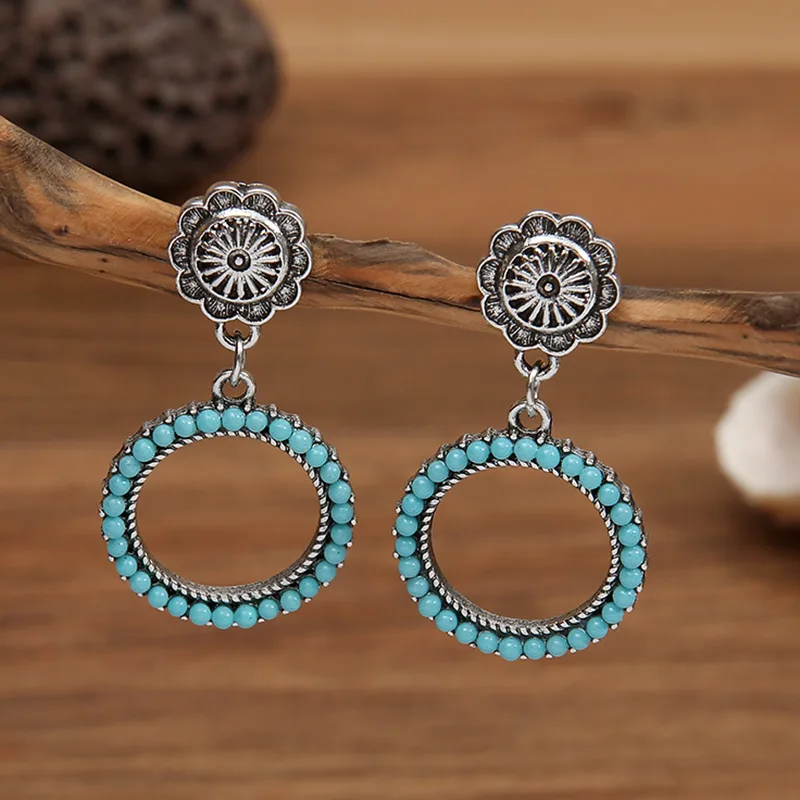 

2022 European and American Fashion Retro New Ethnic Style Geometric Round Turquoise Earrings for Women Girl Gift Wholesale