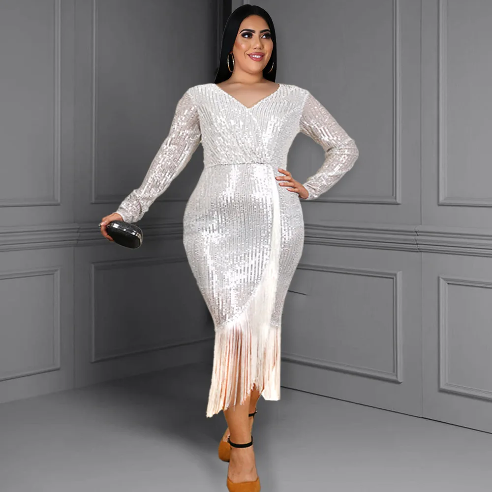 

Glitter Women Party Dresses Silver Sequin Long Sleeve Slit Tassel Bodycon V Neck Elegant Fringe Cocktail Event Occasions Dress