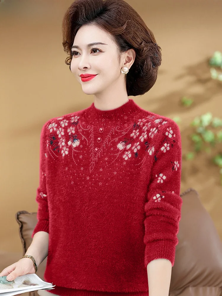 Осенне-зимняя одежда для мам. Норковый бархатный утолщенный свитер. Женская