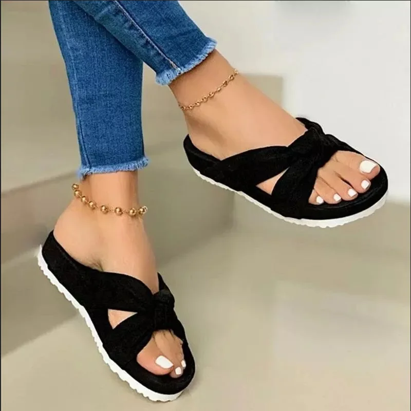 

2022 New Women Flock Knot Slippers Female Casual Open Toe Slides Ladies Summer Platform Flat Women's Comfortable Shoes Plus Size