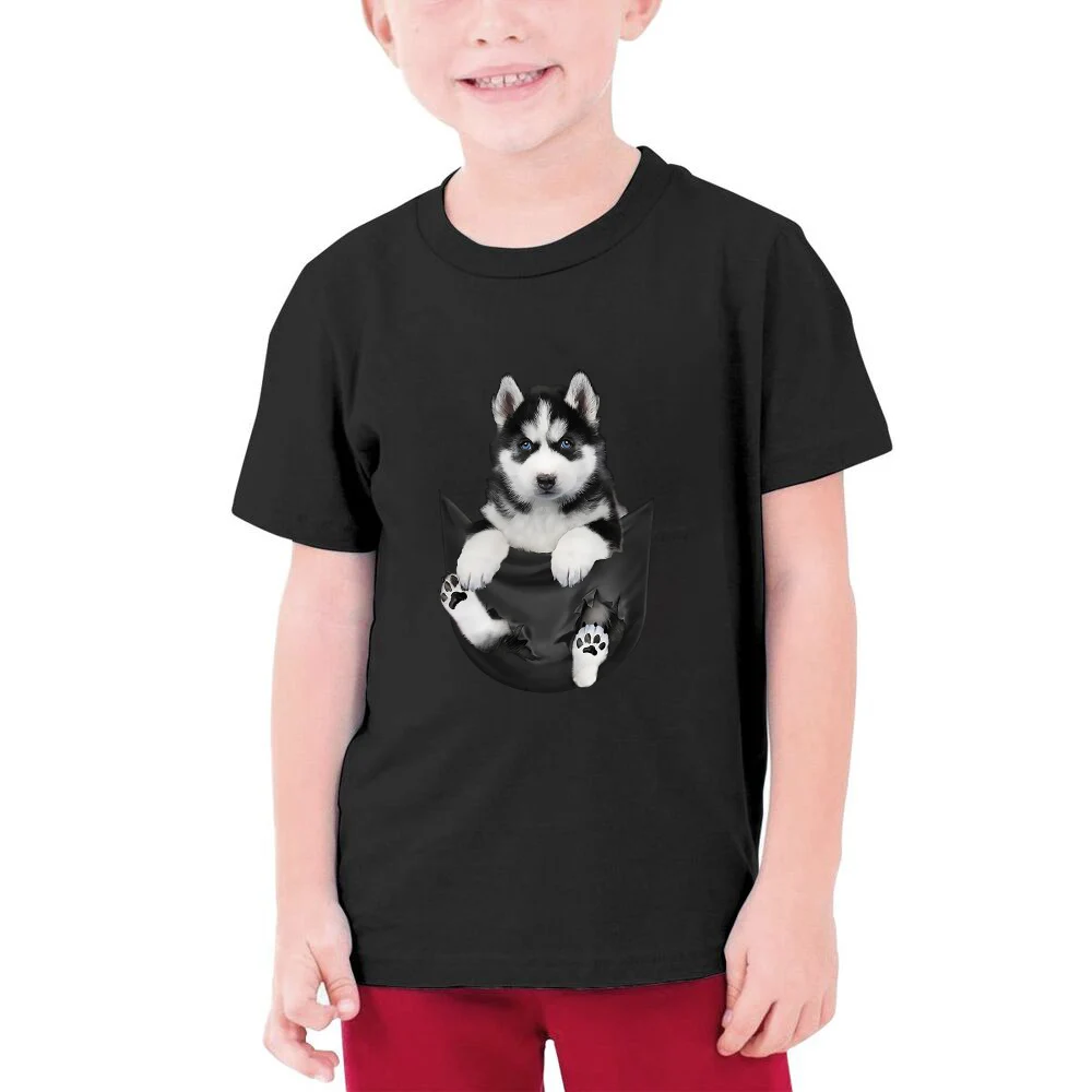 

CLOOCL черная Детская Хлопковая футболка с собакой Сибирский хаски с карманами футболки для мальчиков Harajuku уличная одежда пуловер Топы Прямая...