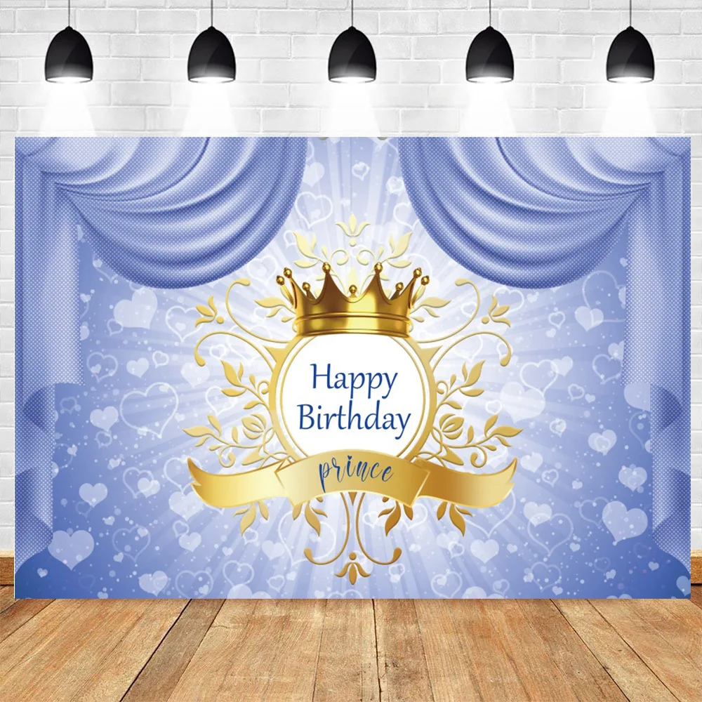 

Happy Birthday Decoration for Boy Photography Backdrops Baby Shower Prince Crown Curtain Party Photozone Background Banner Props