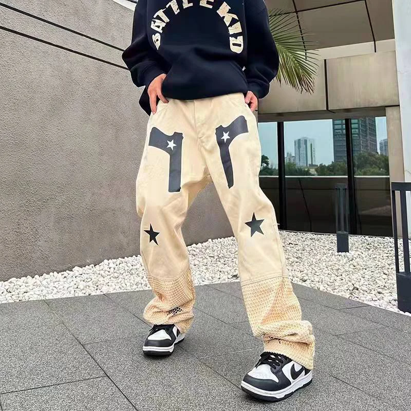 

Gun Letter Stars Print Mesh Jeans Men Harajuku Retro Streetwear Pockets Overalls Loose Straight Couple Trousers Cargo Pants