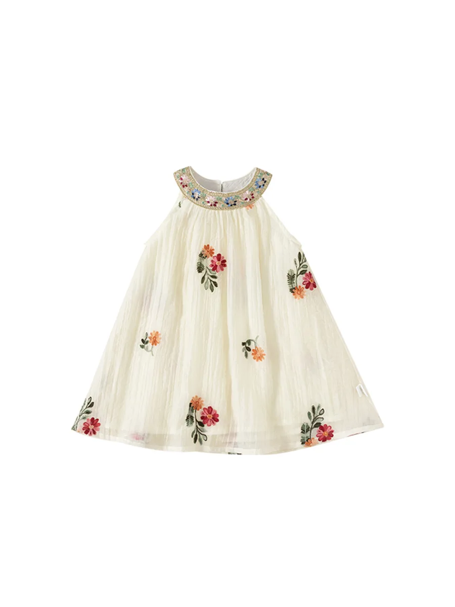 

JICUSYAN Girls Summer Halter Ethnic Style Vest Gauze Children Princess Dress Embroidery Flower Sequined Sleeve