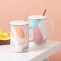 nordic style painted ceramic cup simple geometry features mug bottle with lid spoon handmade heat resistant couple coffee cup