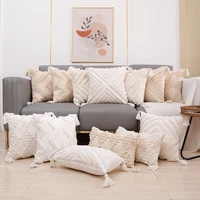 beige white tufted tassel cushion cover boho geometric embroidered lumbar throw pillow covers home decorative cushion for sofa