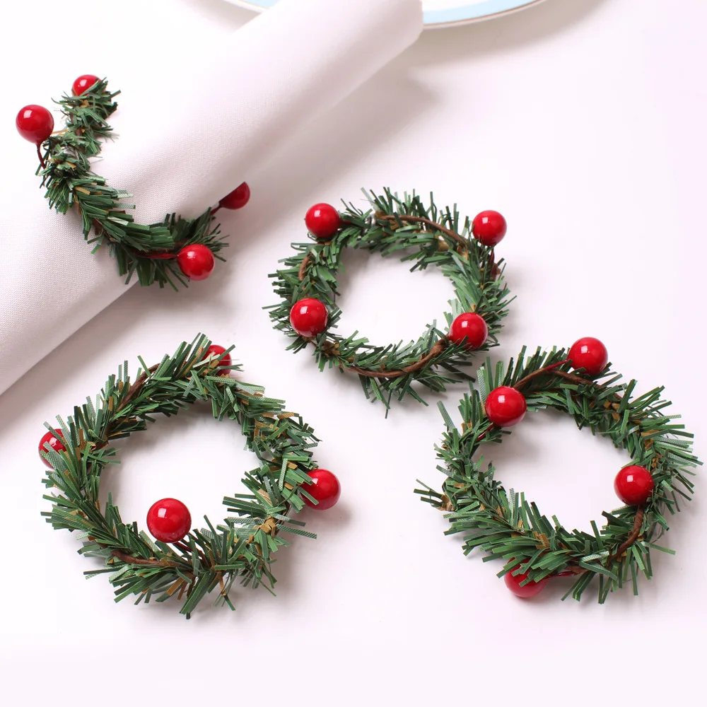 

6PCS Christmas Napkin Ring Wreath Pine Needle Red Berries Cedar Wooden Napkin Buckle Pine Cone Dining Kitchen Party Table Decor