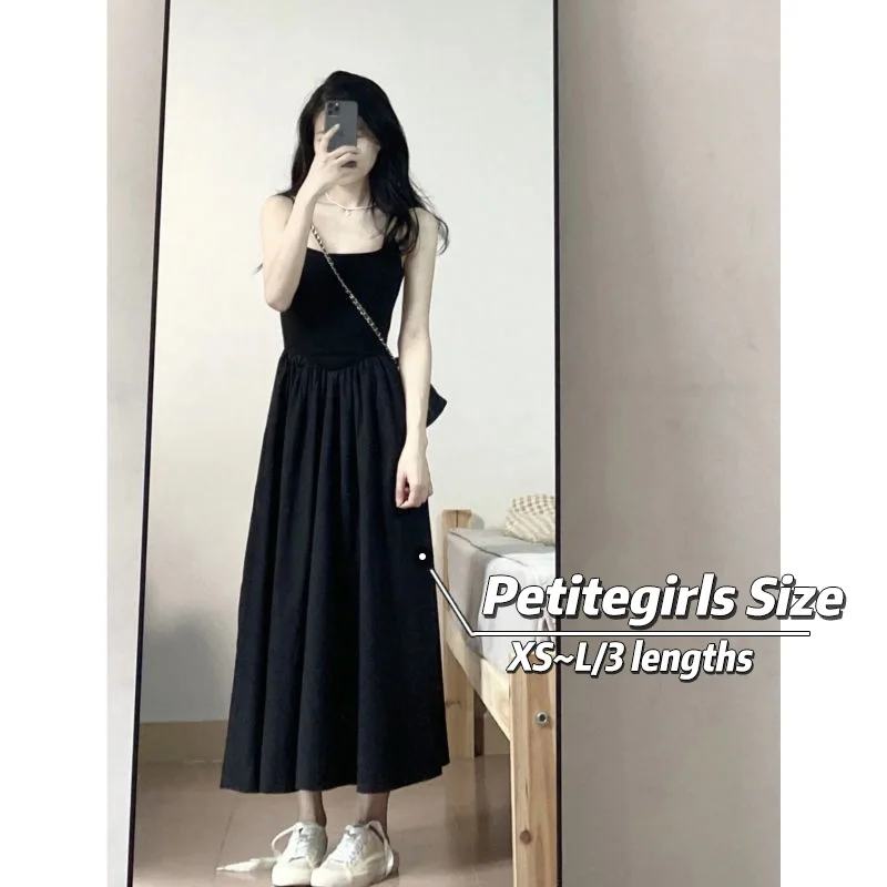 

150cm Petite girls French Hepburn Style Suspender Dress Women's High-end Waistband A-line Mid Length Bottom Skirt XS Summer