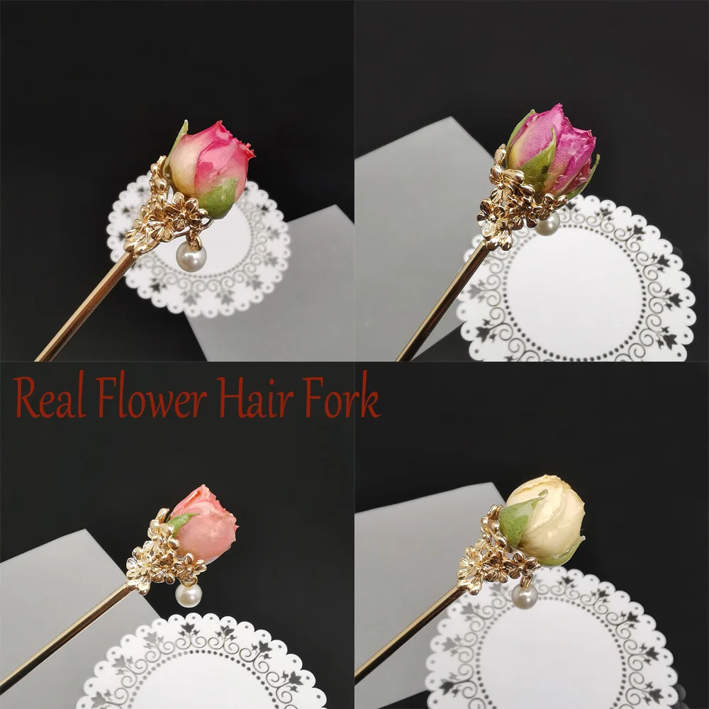 

Rose Flower Glue Hanfu Hairpin Ancient Style Super Fairy Chinese Style Hair Accessories Wholesale New Real Flower Hair Fork