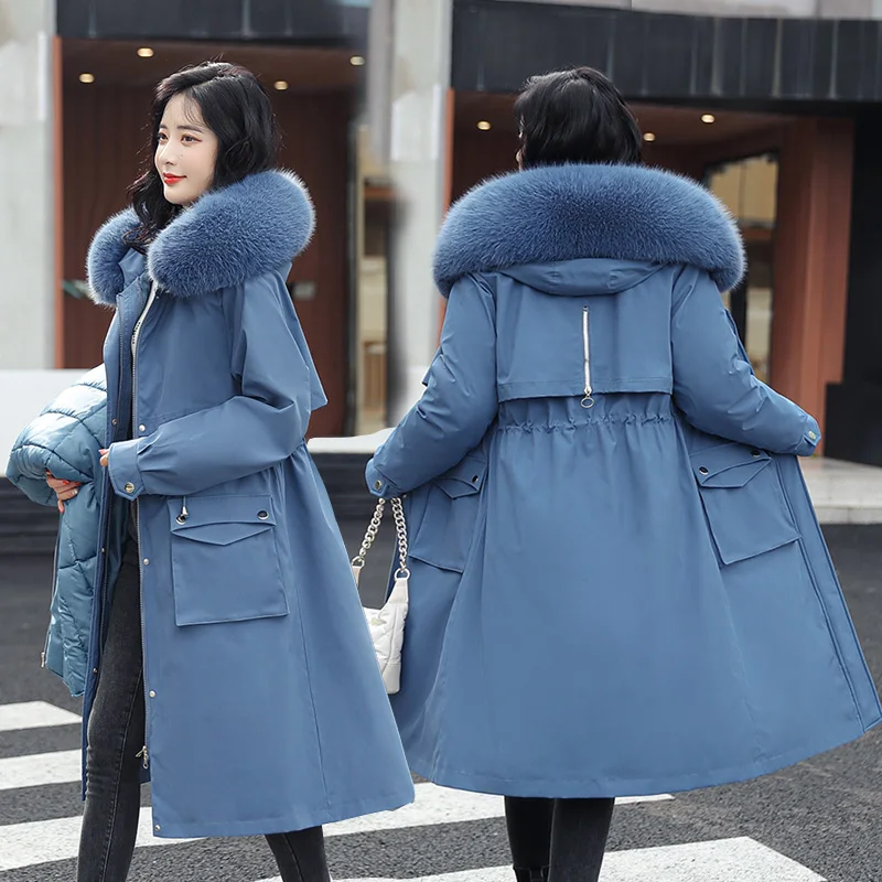 New Winter Jacket Women's Parka Fashion Remove The Lining Hooded Slim Fit with Fur Collar Warm Snow Thick Clothes