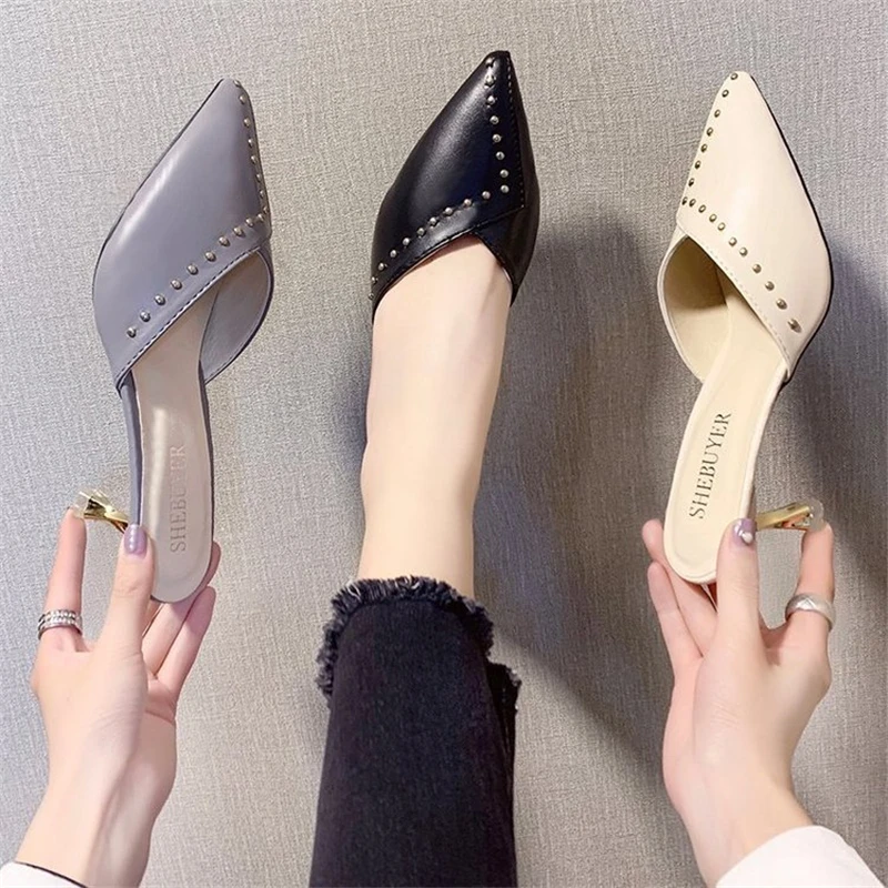 

Women's shoes 2021 new spring and summer net red rivets pointed toe stiletto high heel sandals and half slippers