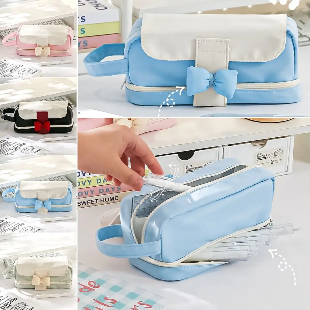 

Canvas Pen Bag Zipper Double Layer Stationery Storage Pouch Waterproof with Bowknot Pen Box School Office Supplies