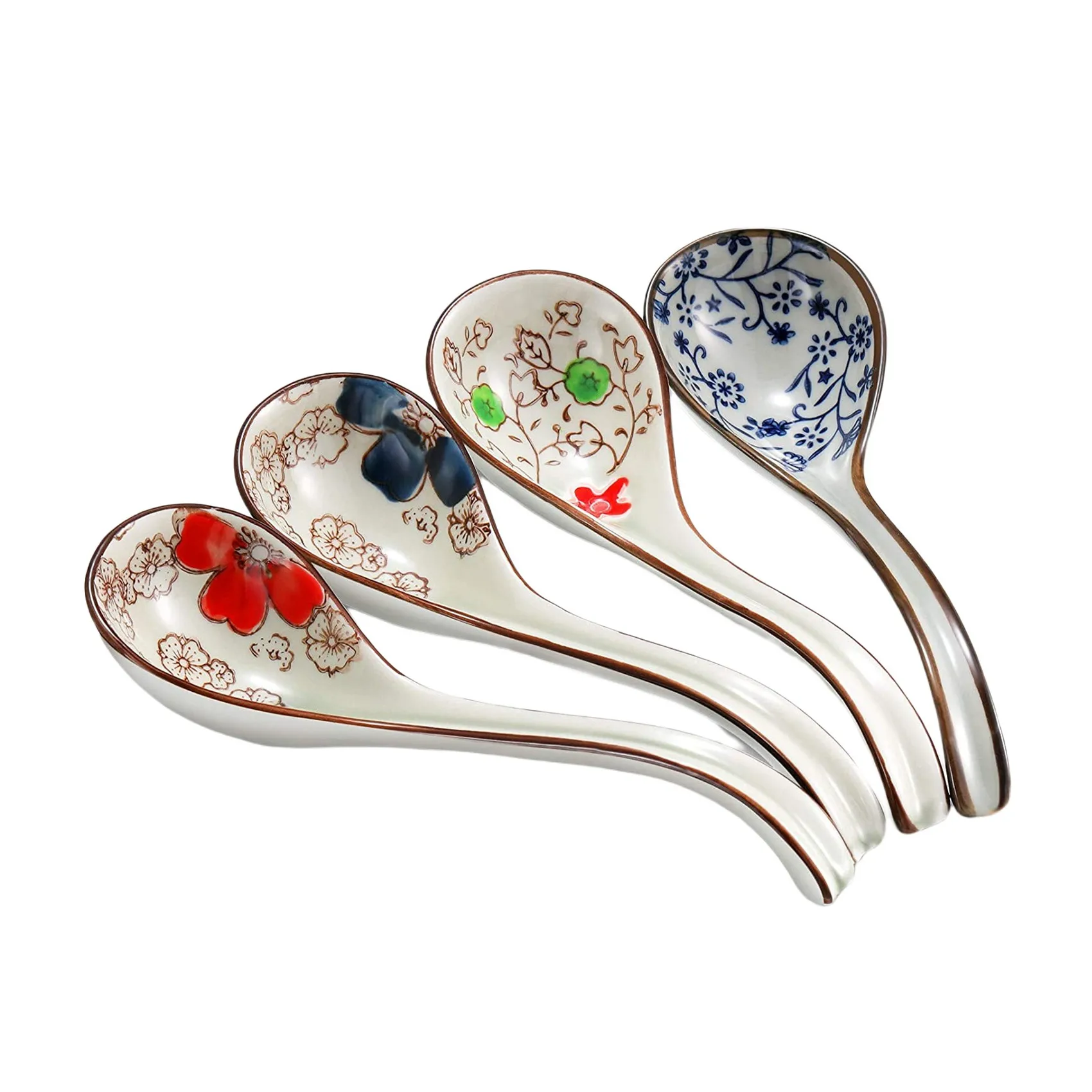 4 Pieces Asian Retro Chinese Ceramic Rice Spoons Curved Handle Ramen Soup Spoon Painted Flower Spoons with Long Handle