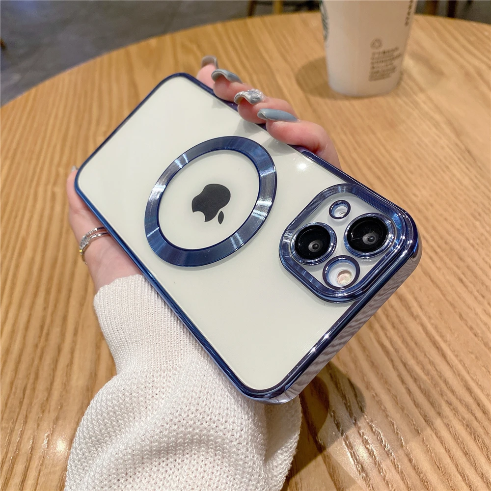 

Square Plating Clear Case For iPhone 13 12 Pro Max Magnetic Case LOGO Hole Hollow Silicone Glass Camera Wireless Charge Cover