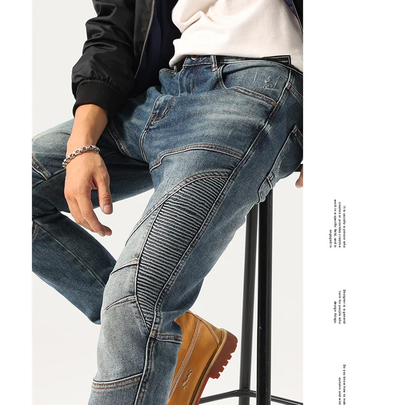 Streetwear Men Fashion Splicing Elastic Force Cargo Pants Self-cultivation Retro Nostalgia Blue Jeans Autumn and Winter Female