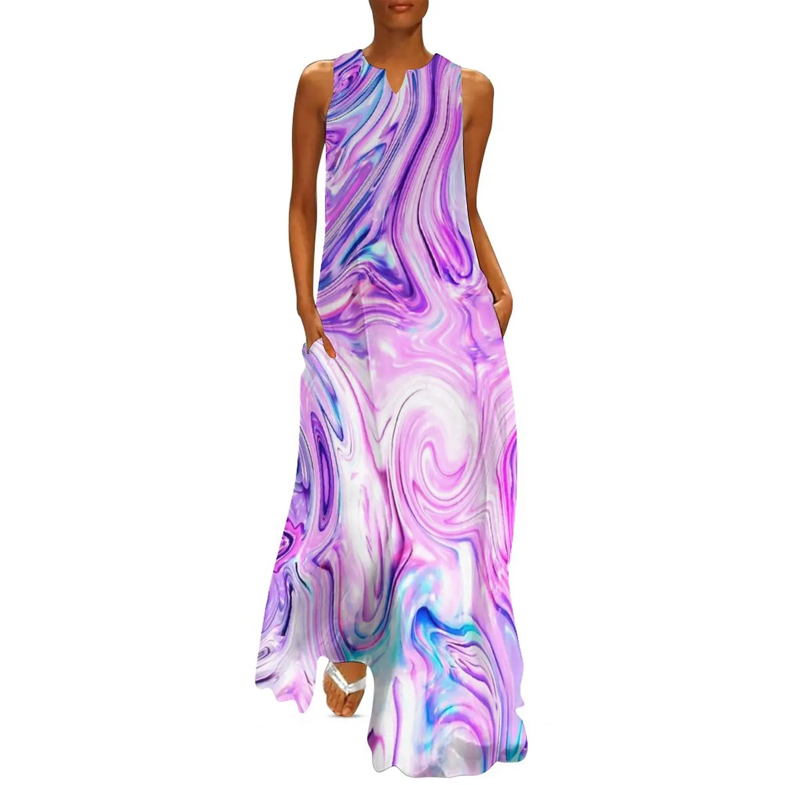 

Water Marble Dress Purple Blue Trendy Maxi Dress Aesthetic Casual Long Dresses Summer V Neck Graphic Clothes Big Size 4XL 5XL