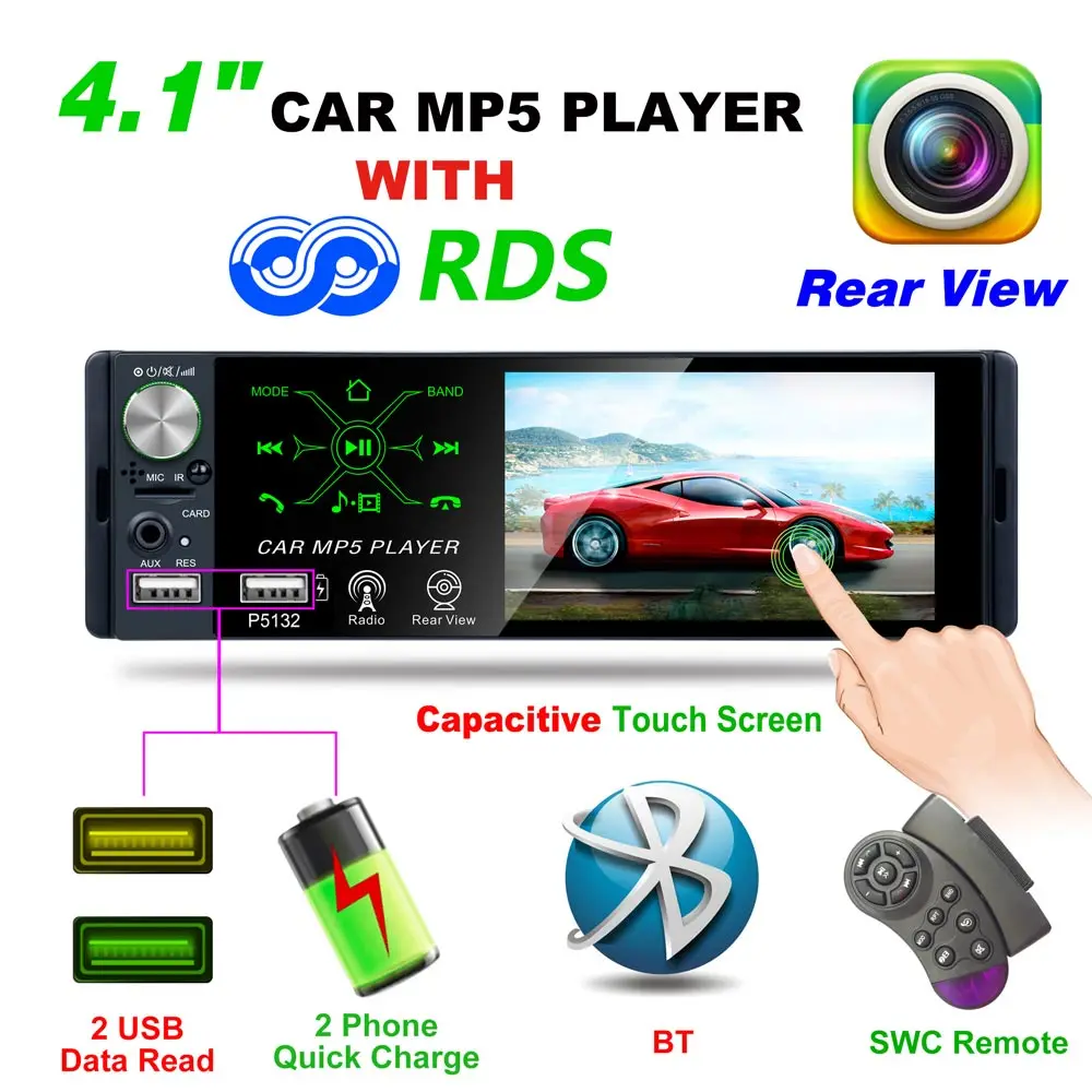 

Car Radio Touch Screen 4.1inch Bluetooth-compatible Stereo MP5 Player HD Capacitive Touch Screen With 8Led Rear Camera