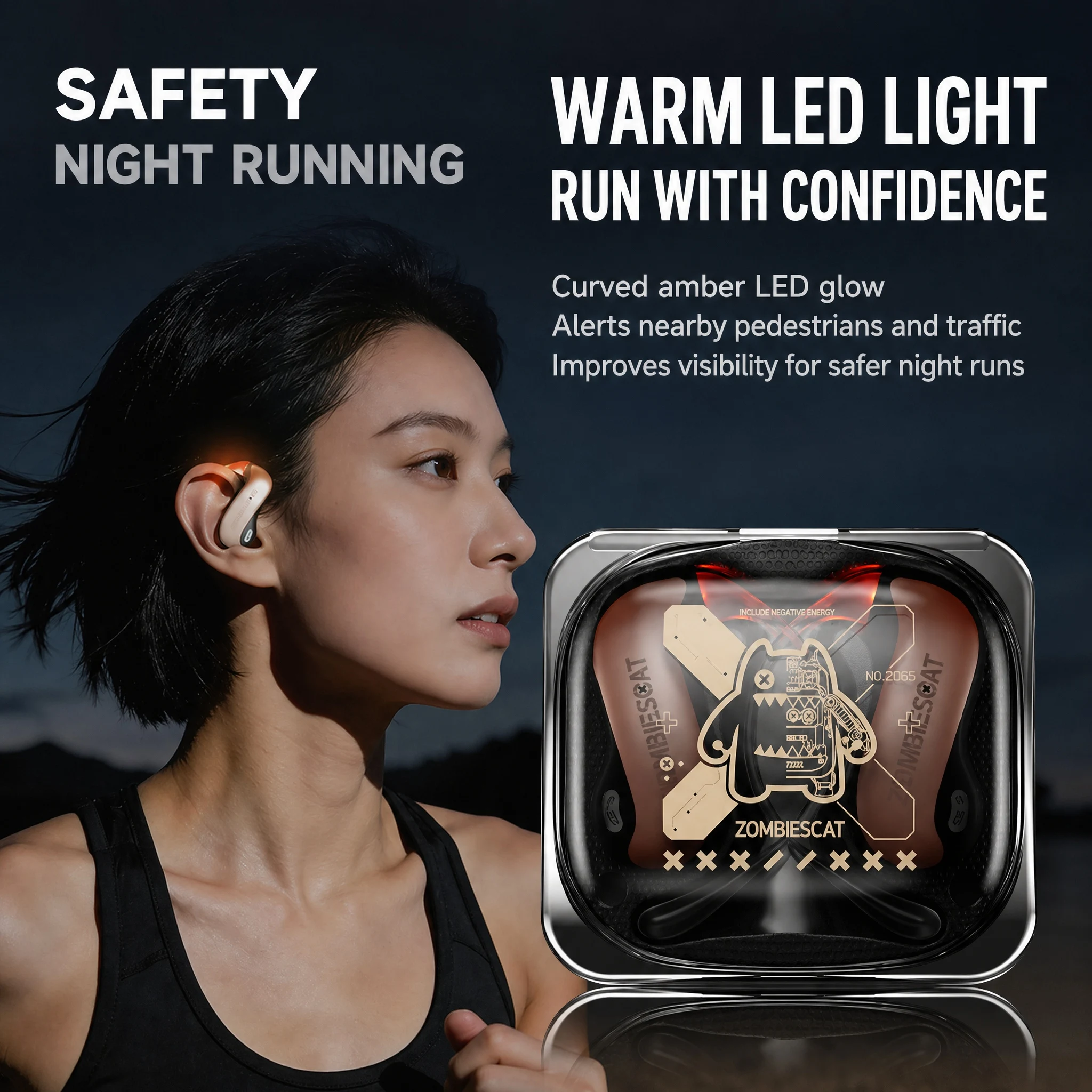 Фото Беспроводные наушники ZOMBIECAT B22 Open Ear с Bluetooth 6.0, 14-мм драйвером, LED-подсветкой и AI-переводом для бега и велоспорта №4