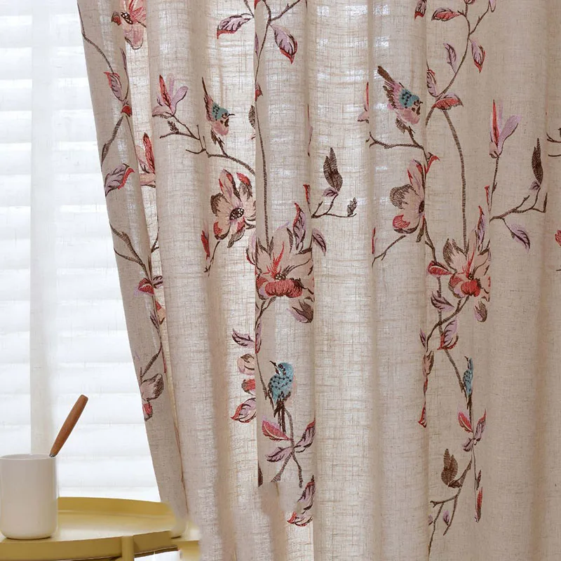 

Chinese Classical Flowers Embroidery Curtains for Living Room Linen Semi-Blackout Birds Pattern Window Drapes for Beroom 619#VT