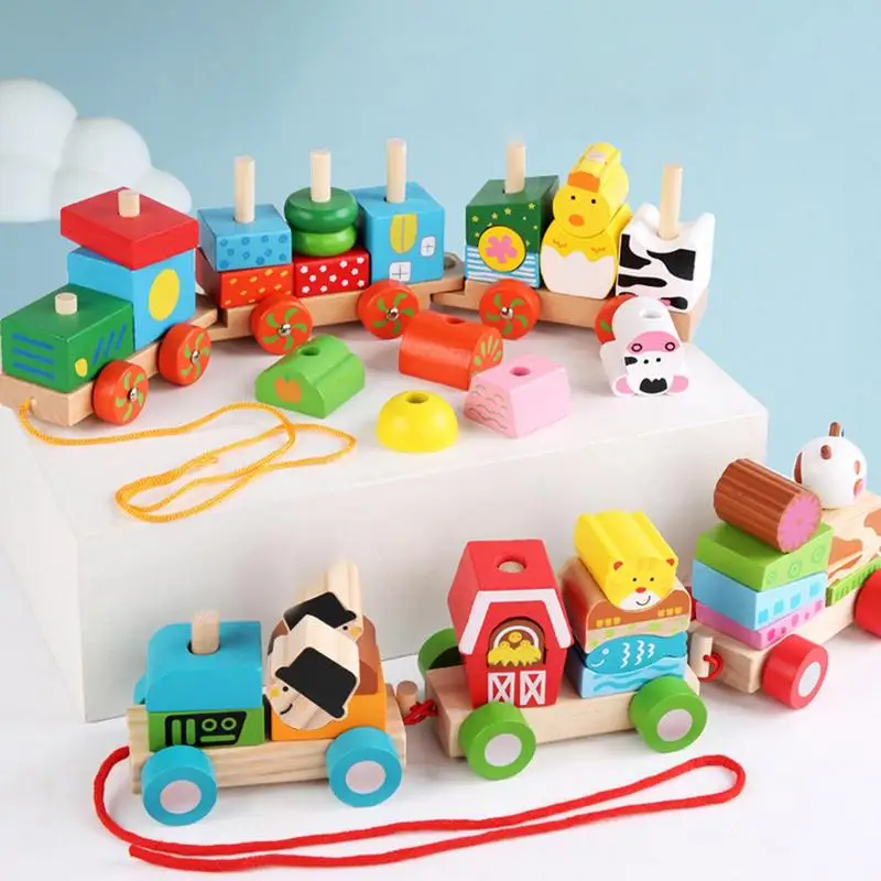 

Wood Train Farm Push Pull Toy 3 Section Shape Farm Animal Train Set Small Train Cars Montessori Educational Toys For Kids