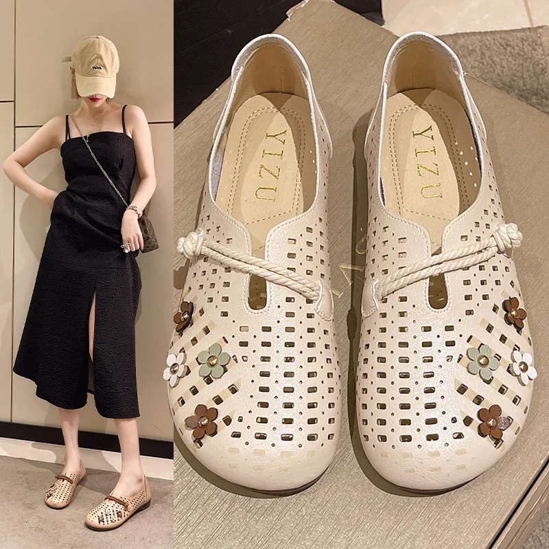 

Casual Woman Shoe Round Toe Low Heels Female Footwear Dress Comfortable New Summer Lace-Up PU Floral Flat Flower Solid Basic Rub