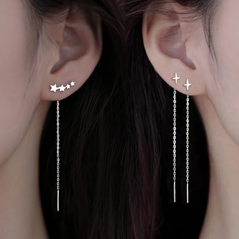 

Ins Cross Star Line Tassels Earring for Women Tassel Drop Earring Long Chain Beads Piercing Earring Asymmetry Ear Simple Jewelry