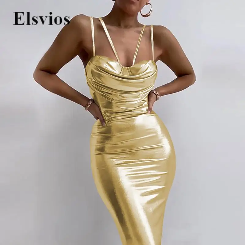 

Женское элегантное однотонное длинное платье, модное яркое вечернее платье из искусственной кожи, сексуальное облегающее платье на бретельках с открытыми плечами без рукавов