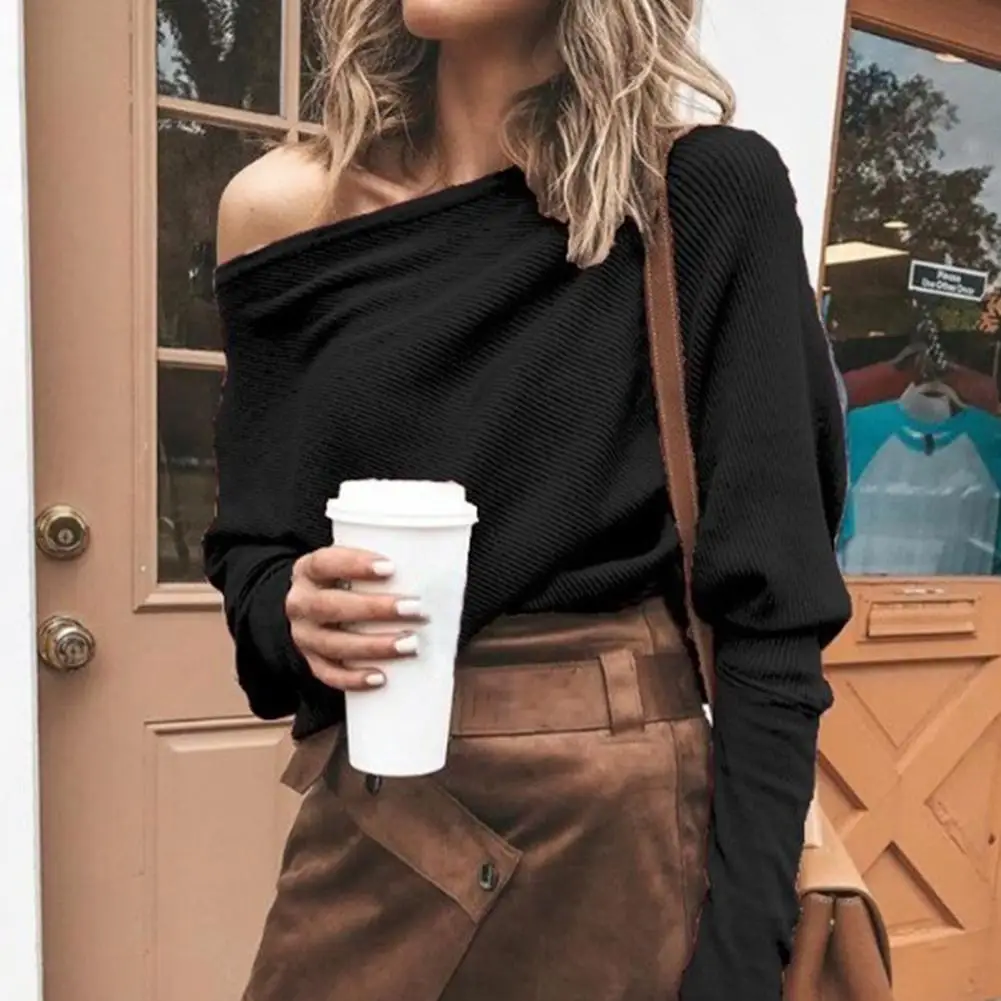 

Stylish Women Sweater Lady Solid Color Sweater Knitted Knitted All Match One Shoulder Top Long Sleeve