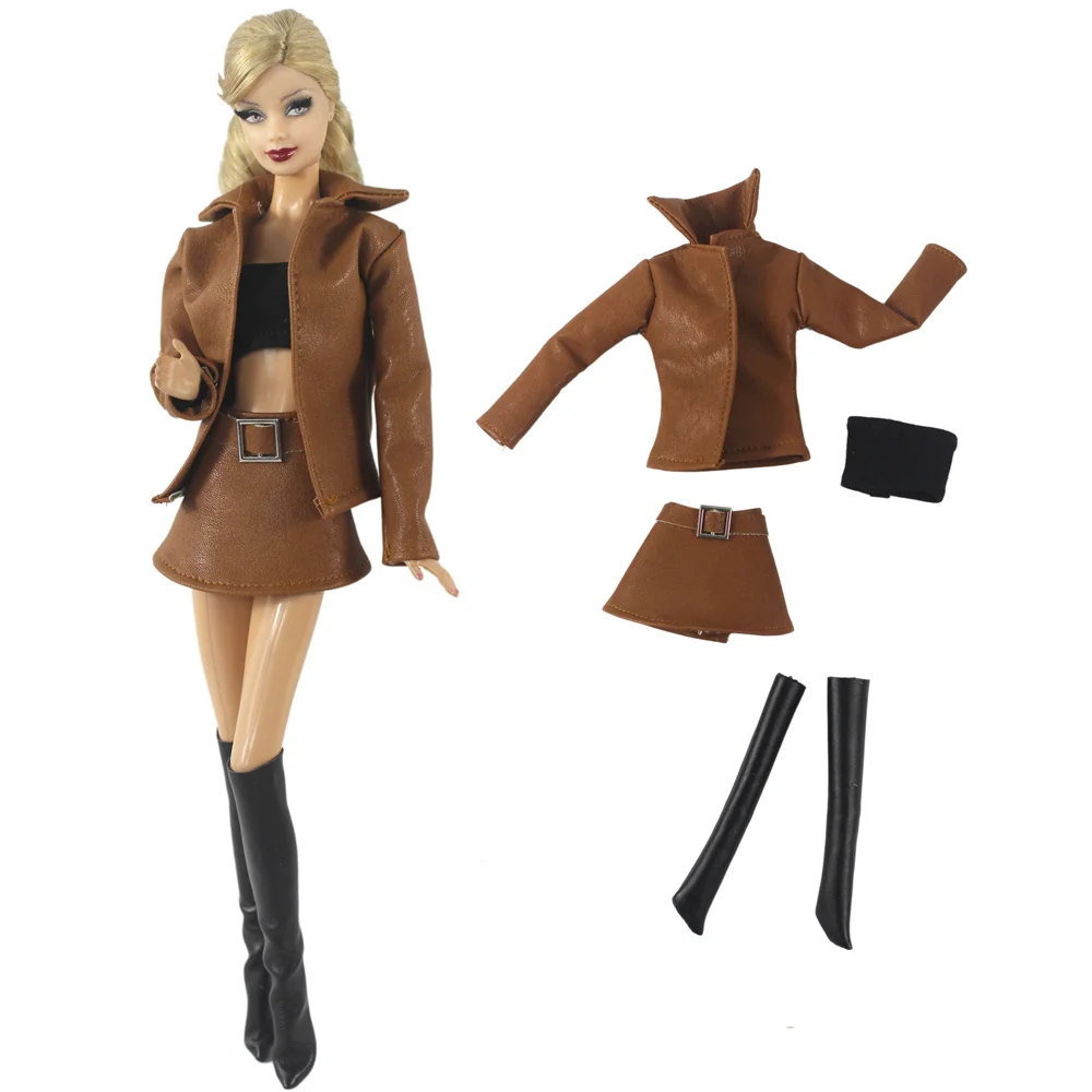 

Brown leather clothes set / top + coat + skirt + boots / clothing autumn wear outfit for 30cm Xinyi FR ST Barbie Doll / girl toy