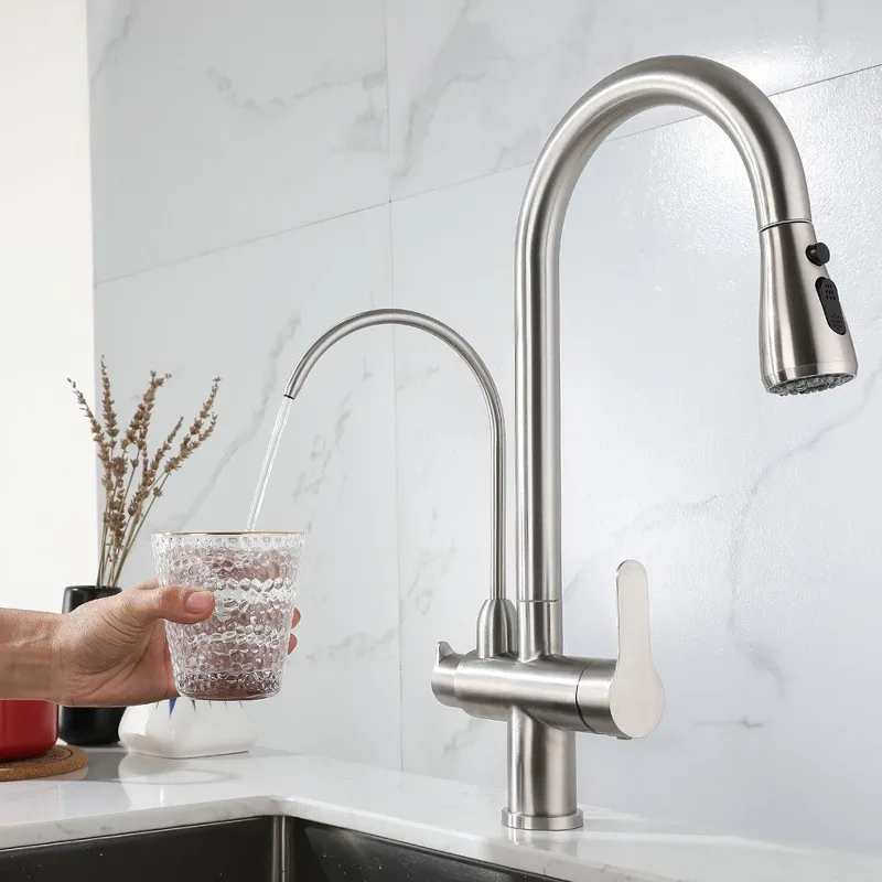 Выдвижной кухонный смеситель из нержавеющей стали 304 никель/черный двойная ручка