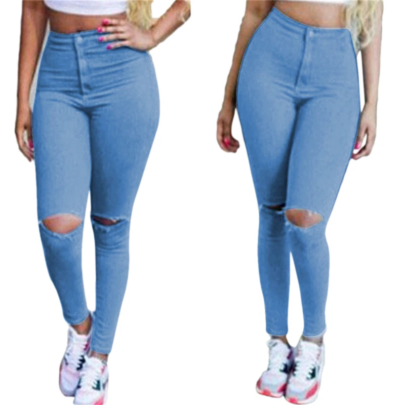 

Ladies Fashion High Waist Pencil Pants Stretch Broken Hole Jeans Pants With Zipper Women Sexy Denim Skinny Trousers For Female