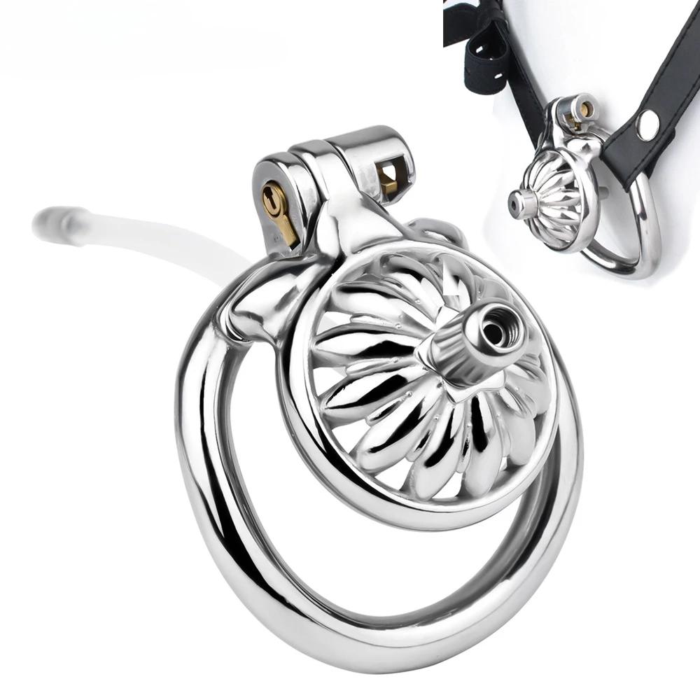 Male Flower Chastity Cage Stainless Steel Pot Lock Skeletonized Lightweight Desire Control Easy Urination Removable Catheter