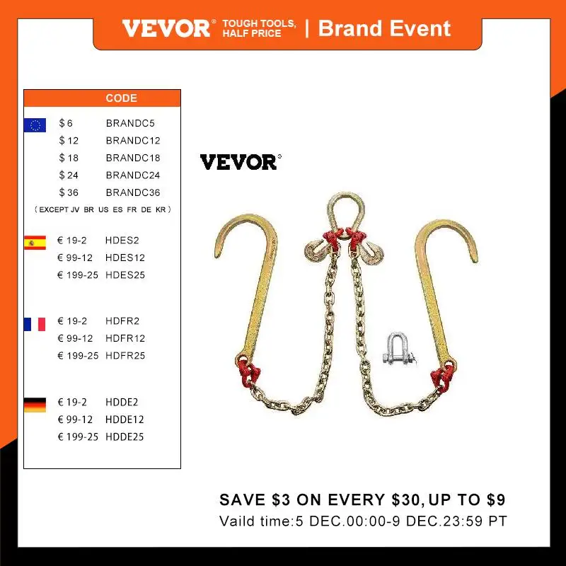 

VEVOR 9260 фунтов V-Bridle цепь 5/16 дюйма G80 буксировочная цепь с JT крючками сверхпрочная цепь эвакуатора для груза безопасности связывания тяги