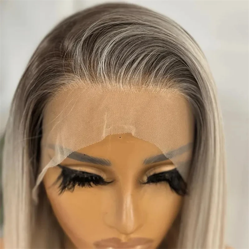 Фото Синтетический парик Ombre Blonde HD Lace Front с эффектом смешивания с натуральными волосами (пепельные корни), от производителя, дешевые парики на распродаже, 20 дюймов №1