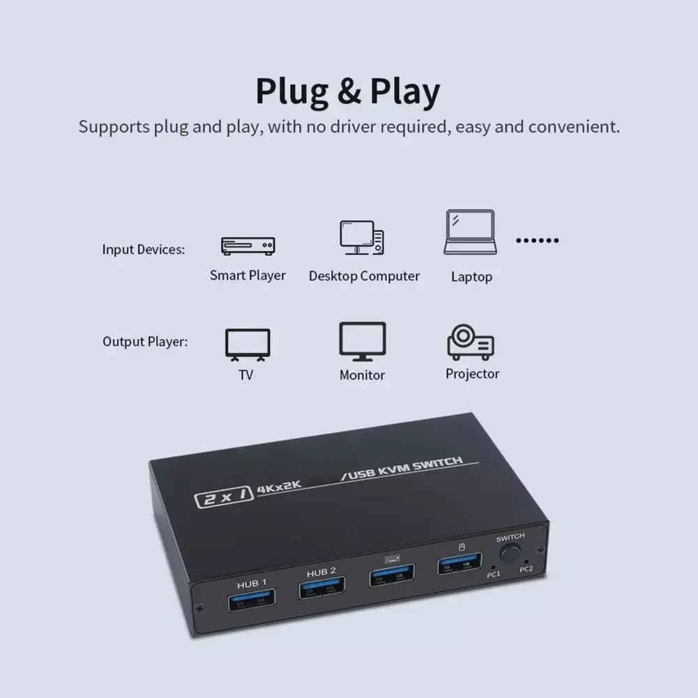 

NEW2023 4K Высокое разрешение Plug Play 2 узла Share 1 монитор/клавиатура мышь HDMI-совместимый/USB KVM переключатель для офиса