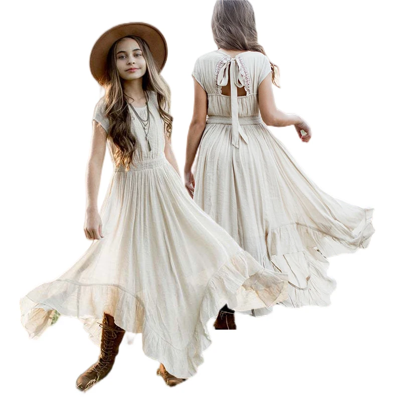 

Новинка 2023, летние платья для девочек, детское хлопковое льняное платье с галстуком и открытой спиной, кружевные платья, вечерние платья для...