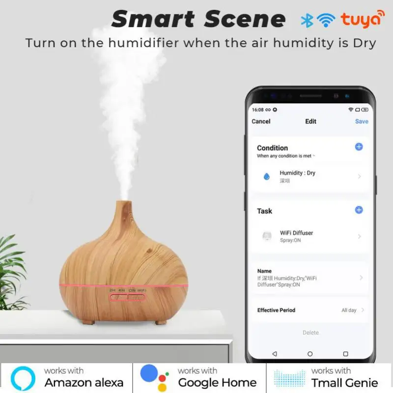 

TUYA WiFi Air Humidifier Aroma Essential Oil Diffuser Freshener EU/US/UK Wood Grain Aroma Diffuser Works With Google Home Alexa