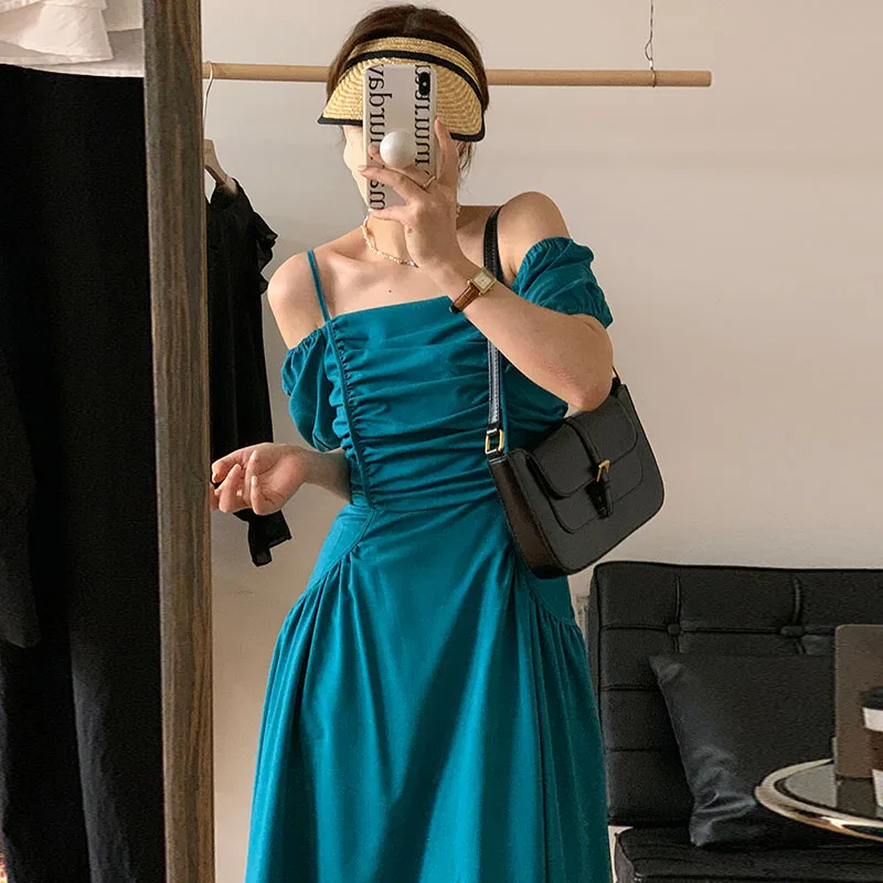 

Korean Chic Summer Sexy Slash Neck Off Shoulder Dress Vintage Solid High Waist Slim Pockets Dresses Preppy Style A-LIne Vestidos