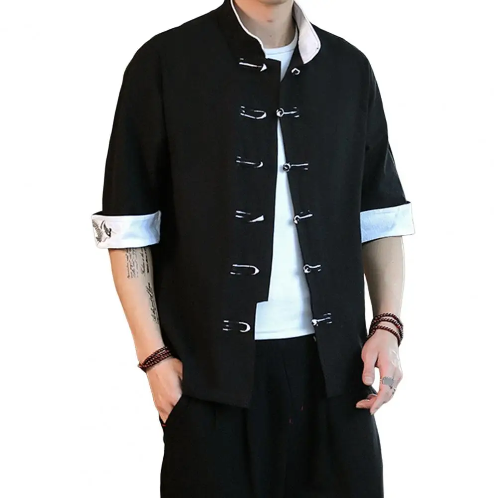 2024 летний топ с вышивкой Журавля Мужские Винтажные льняные рубашки в