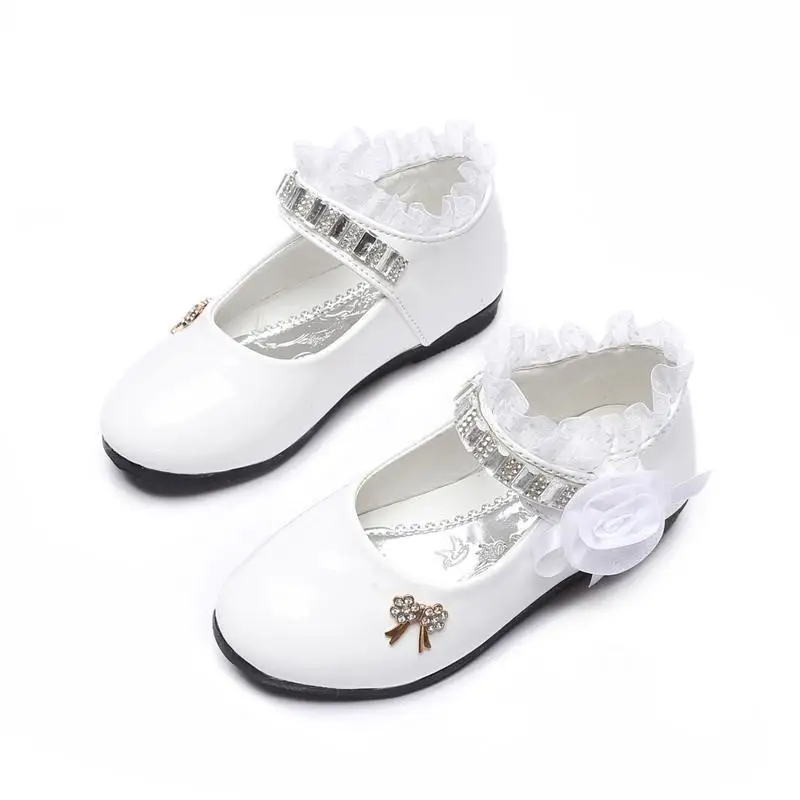 

2023 New Flower Girls Shoes Spring Autumn Princess Lace PU Leather Shoes Cute Bowknot Rhinestone For 3-11 Ages Toddler Shoes