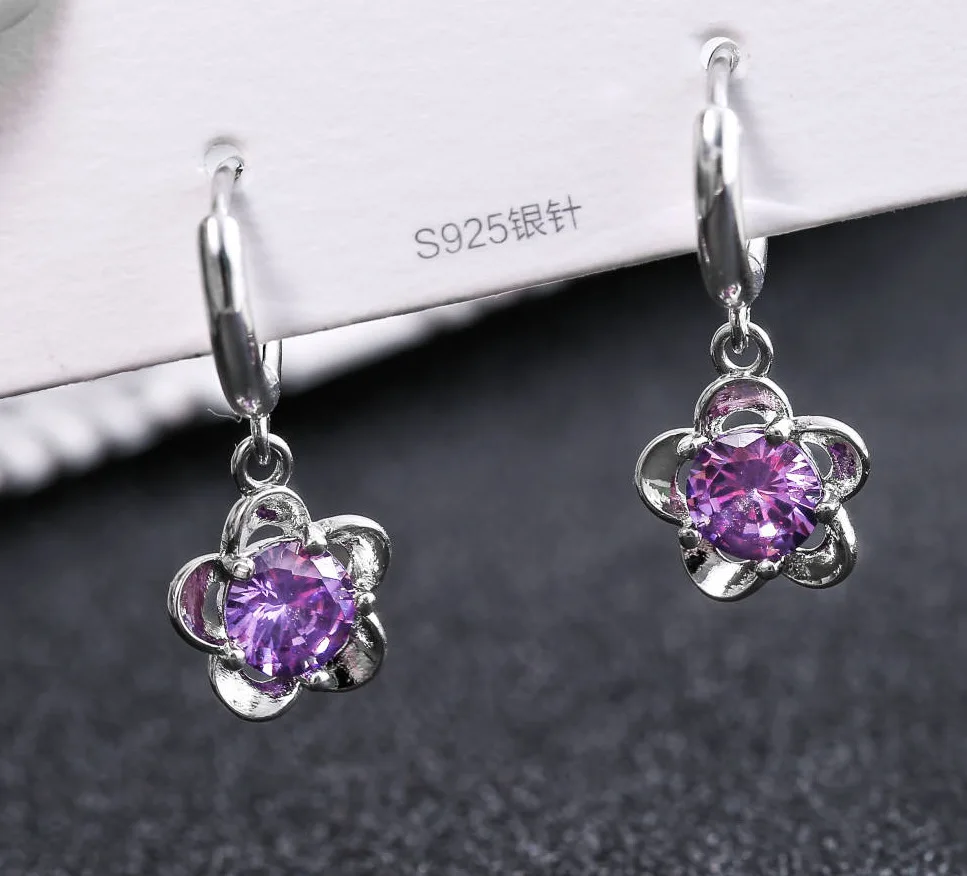 

Trendy Flower Purple Zircon Crystal Earrings for Women Wedding Party Engagement Dangle Hoop Earring Copper Jewelry Whole Sale