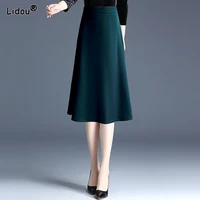vintage a line skirt empire slender solid drape womens clothing mid calf blended intellectual skirts 2022 korean new all match