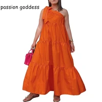 2022 summer one shoulder casual women ankle length long a line dress solid big swing holiday maxi boho dress robe femme orange