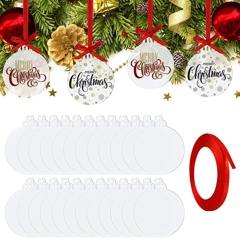 

50 Pieces 3 Inch Clear Acrylic Christmas Ornaments Acrylic Christmas DIY Tag Red Ribbon For Decoration Tag DIY Crafts