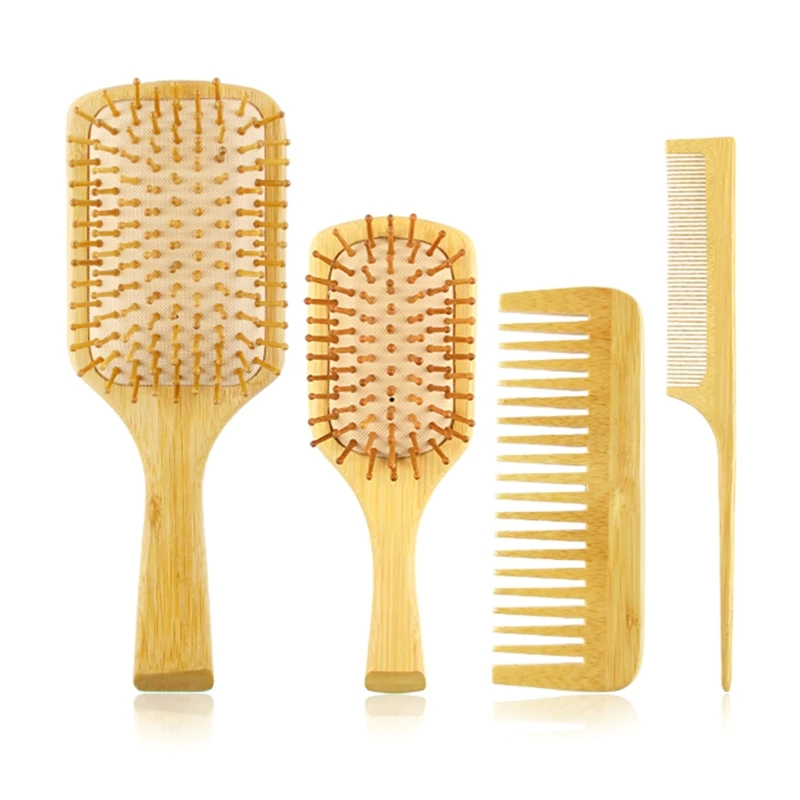 

4pcs Bamboo Anti-Static Comb Detangling Hair Brush Scalp Massage Wide Tooth Tail Combs Hairdressing Styling Tools for Salon P8DD