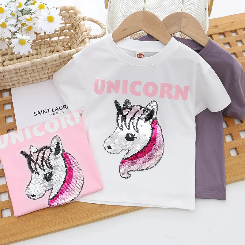 2023 New Girl Unicorn T-shirt Tops Baby Girl Cartoon Color Changing Glitter Tee Shirts Children Summer Short Sleeves Cotton Tees